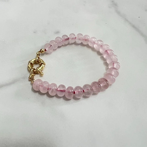 Rose Quartz Gemstone Bead Hand Knotted Bracelet Gold Filled Clasp - Picture 2 of 8